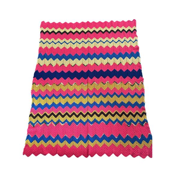 Vintage Chevron Zig Zag Multicolored Hand Knit Crochet Afghan Throw Blanket